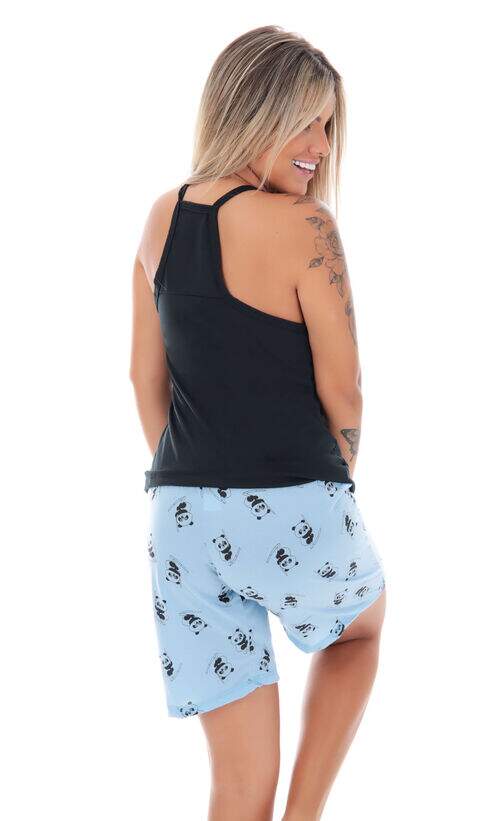 Short Doll Regata com Bermuda Ursinho Azul ou Verde com Preto