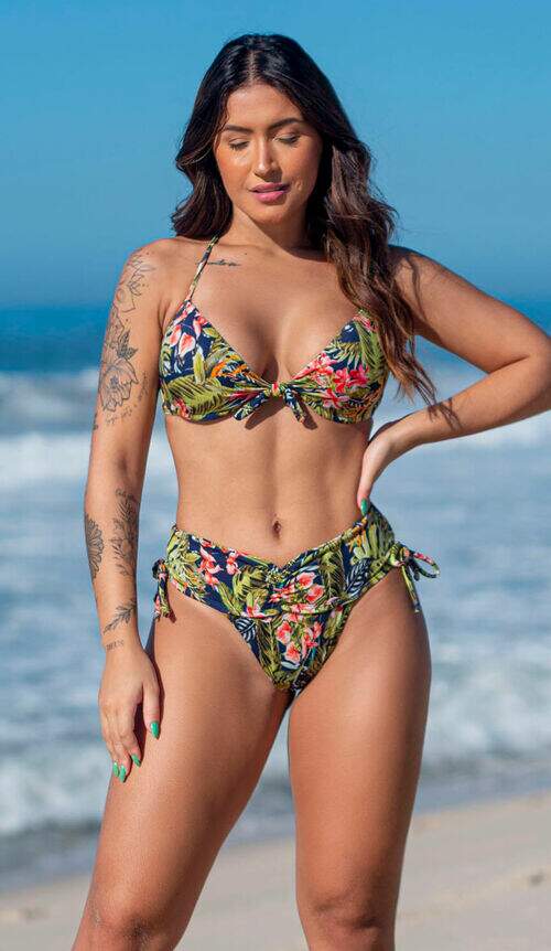 Conjunto Biquíni com Bojo e Calcinha Cintura Alta Efeito Lipo Estampado Ocean