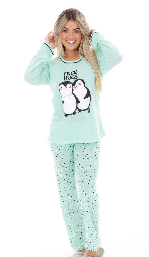 Pijama Calça Poá e Blusa Manga Longa Pinguim Verde