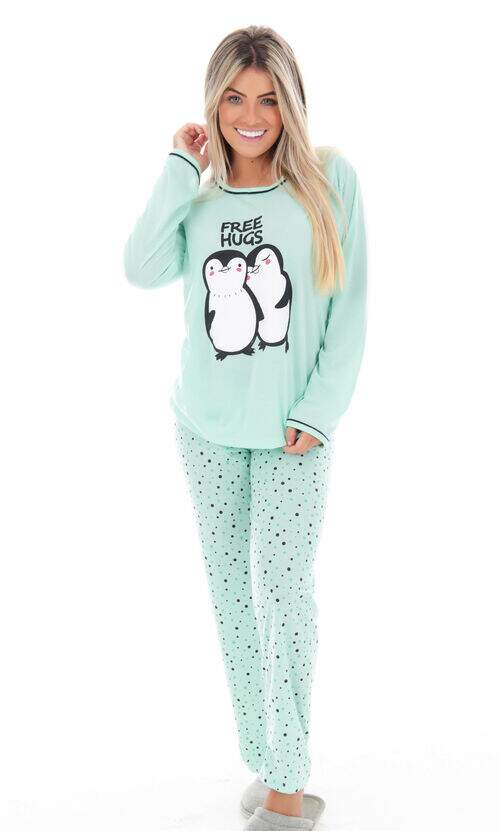 Pijama Calça Poá e Blusa Manga Longa Pinguim Verde