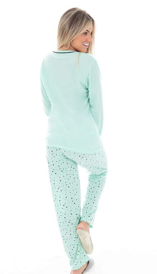 Pijama Calça Poá e Blusa Manga Longa Pinguim Verde