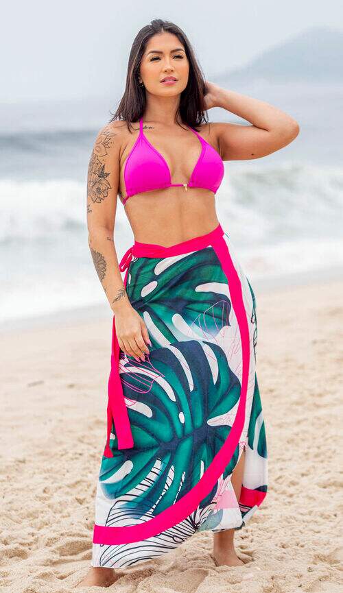 Saia Pareô Canga Saída de Praia Folhagem com Rosa