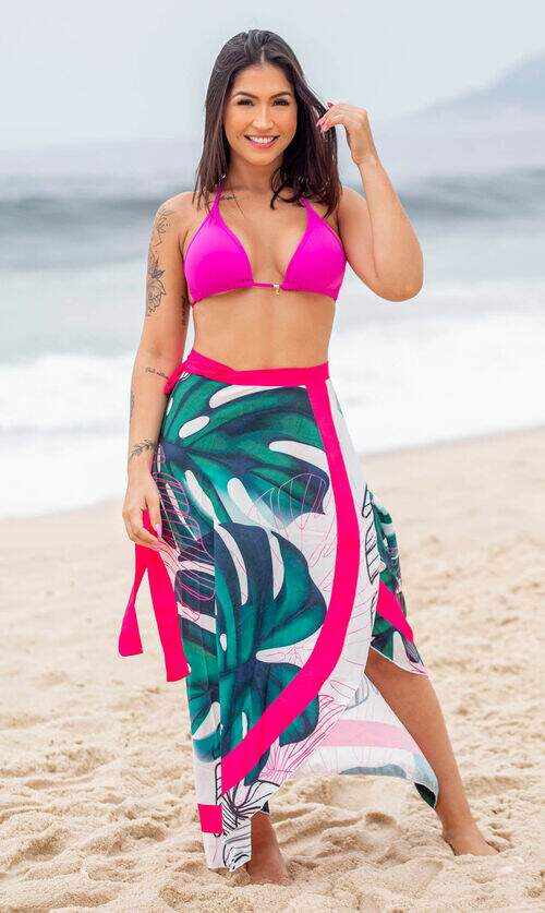 Saia Pareô Canga Saída de Praia Folhagem com Rosa