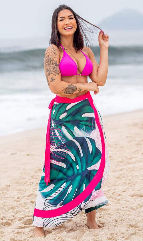 Saia Pareô Canga Saída de Praia Folhagem com Rosa