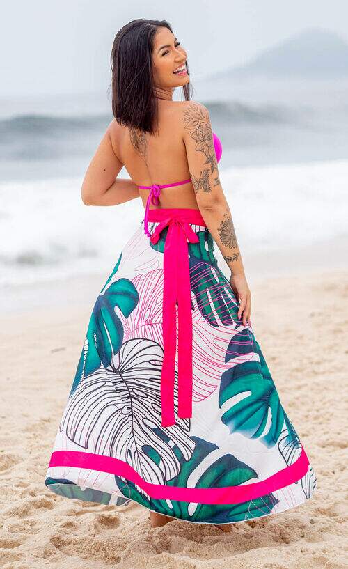 Saia Pareô Canga Saída de Praia Folhagem com Rosa