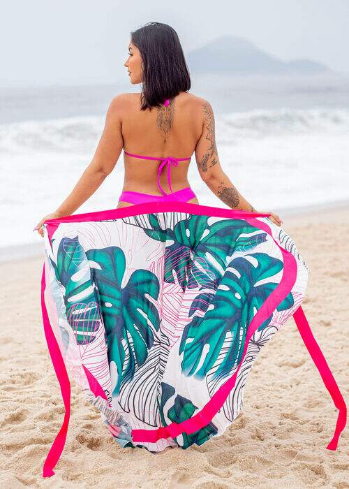 Saia Pareô Canga Saída de Praia Folhagem com Rosa