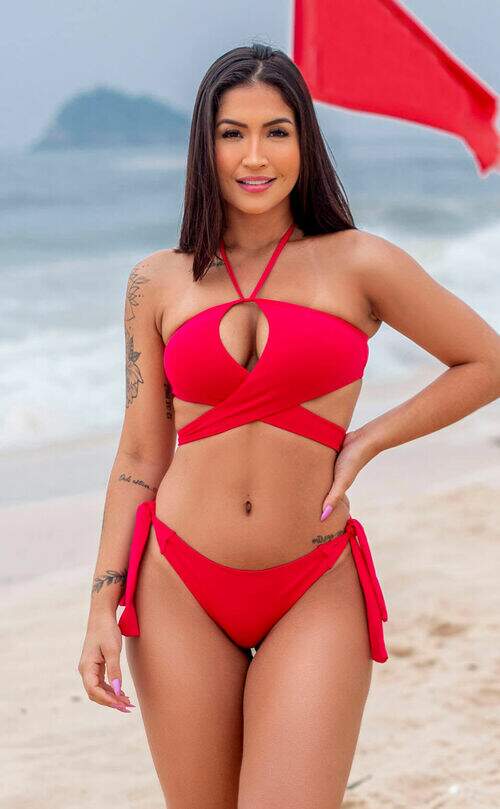 Conjunto Biquíni Top Transpassado com Calcinha Empina Bumbum Cereja