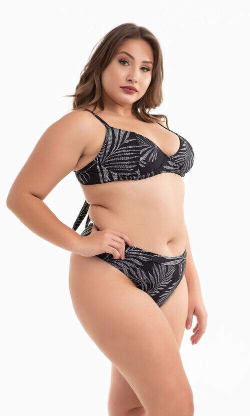 Biquíni Meia Taça Plus Size e Calcinha Estampada Preto