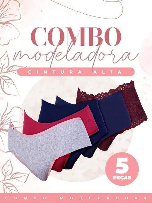 Combo Kit com 5 Calcinhas Cintura Alta ou Modeladora Variadas