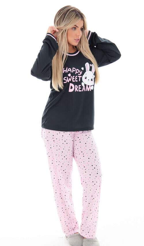 Pijama Calça Poá Verde ou Rosa ou Lilás e Blusa Manga Longa Coelhinho