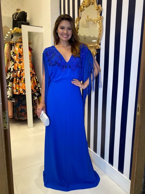 Comprar Vestido de festa longo em crepe com franjas a partir de