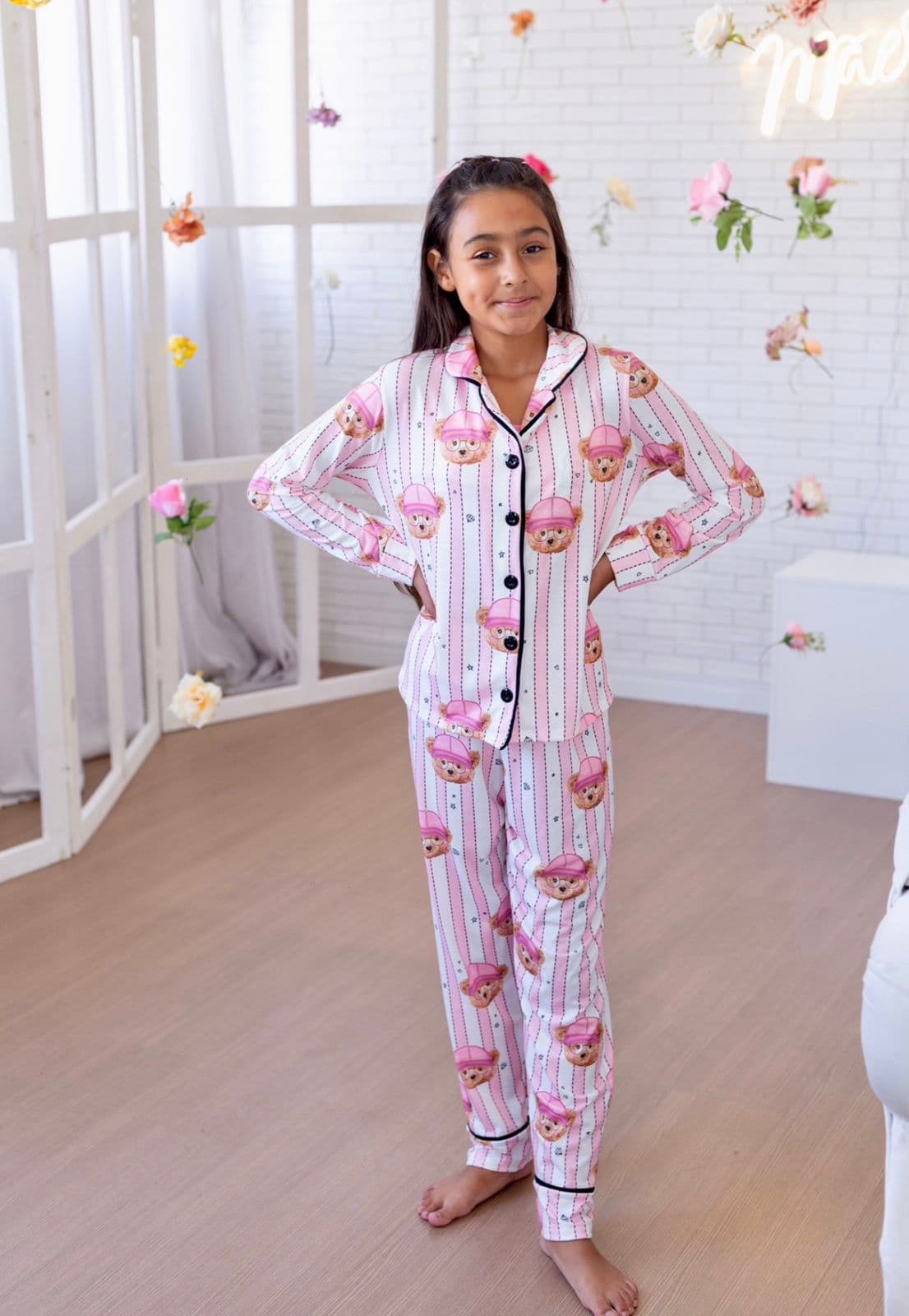 Pijama americano infantil de calça e manga longa estampa ursinho cor rosa 