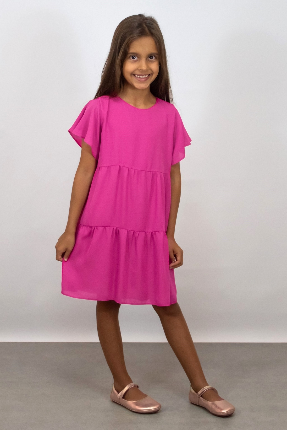 Vestido Crepe Siena manga curta godê decote redondo Infantil Láureen Azul  Gérbera