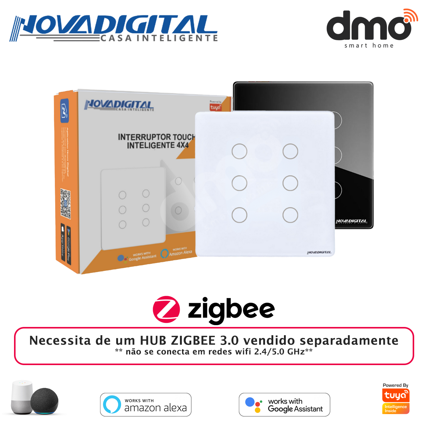 Interruptor Touch 6 Botões Zigbee 4x4 - Alexa & Google - a partir