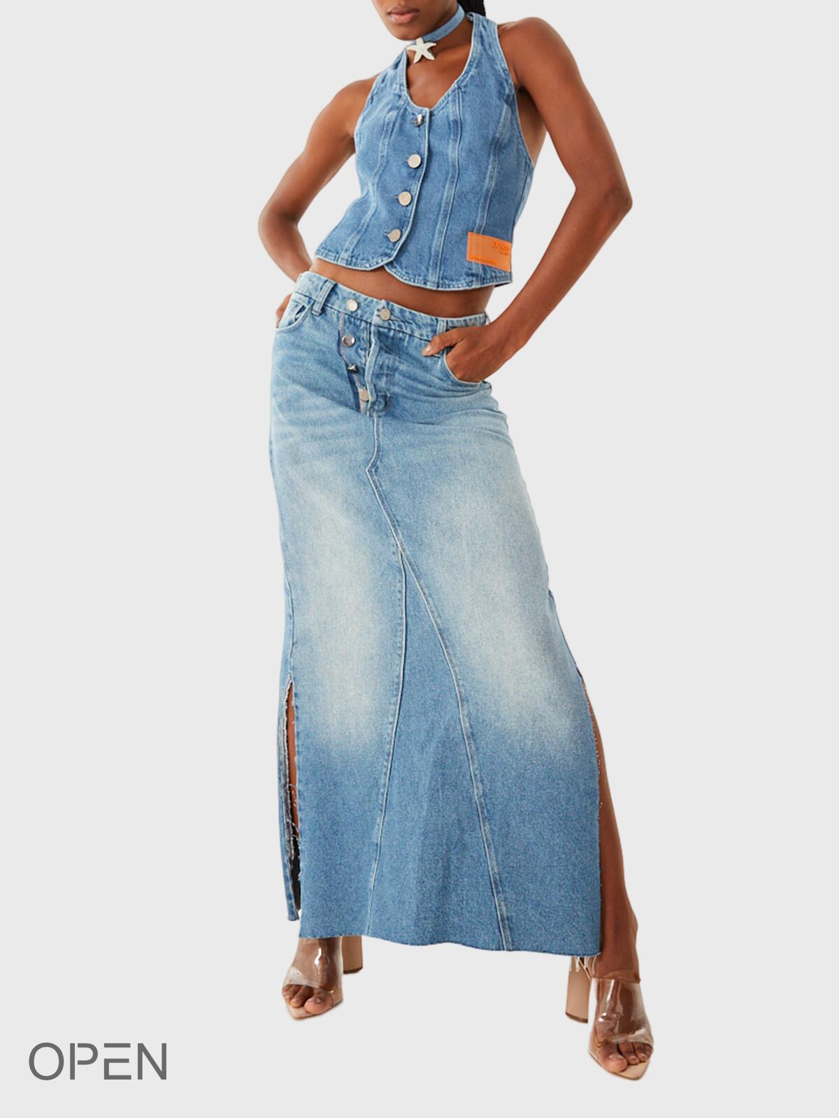 Max Colete Jeans Feminino Longo Com 2 Bolso Super Lindo Azul 1
