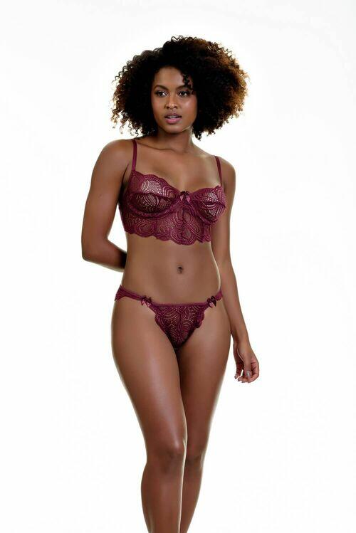 Conjunto Com Transparência de Renda Sem Bojo Com Aro Vinho