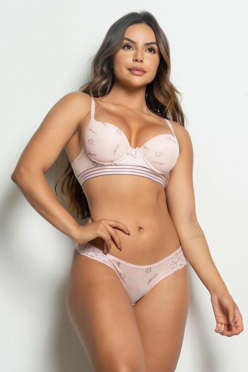 Conjunto Com Bojo De Tule Estampado Rosa