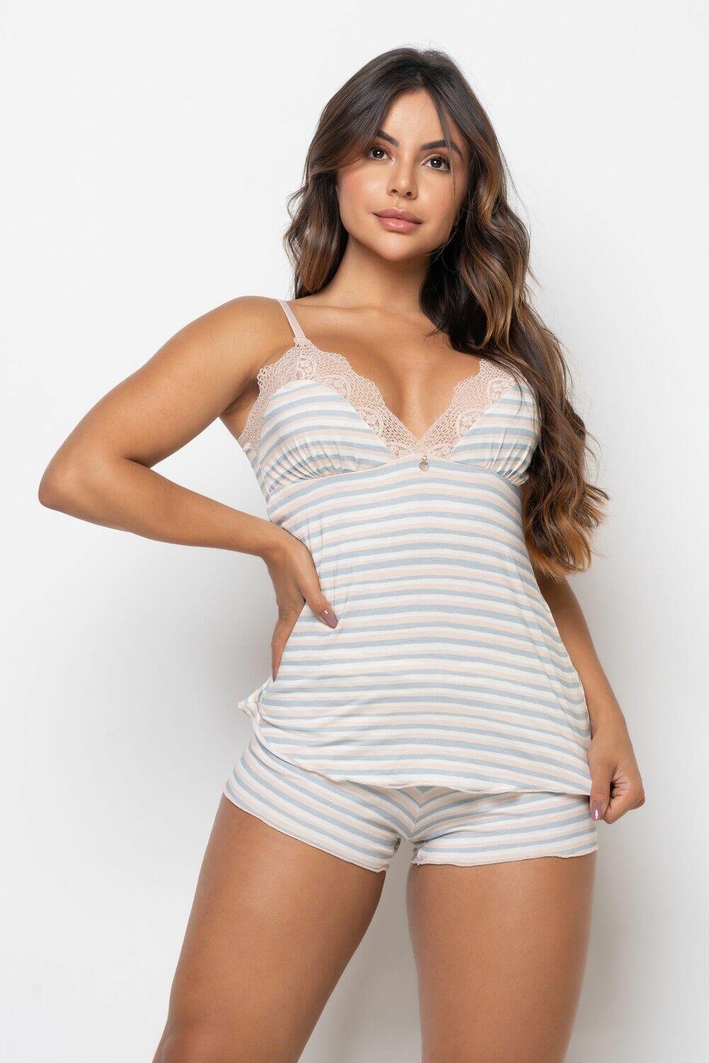 Short Doll Sem Bojo Com Detalhe em Renda Marília Listrado