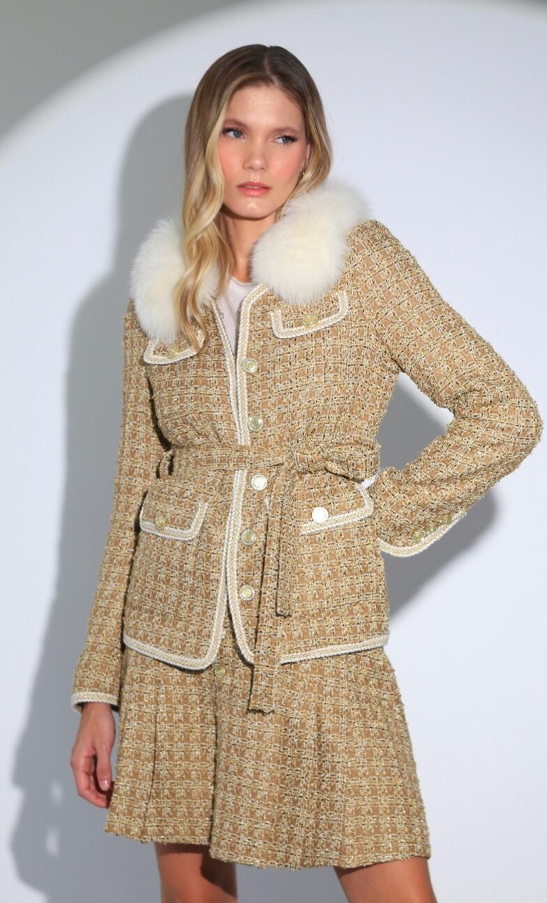 Bouclé Tweed Jacocoat ジャコット　kicuri 年末セール Comprar CASACO EM TWEED DOURADO GOLA REMOVÍVEL