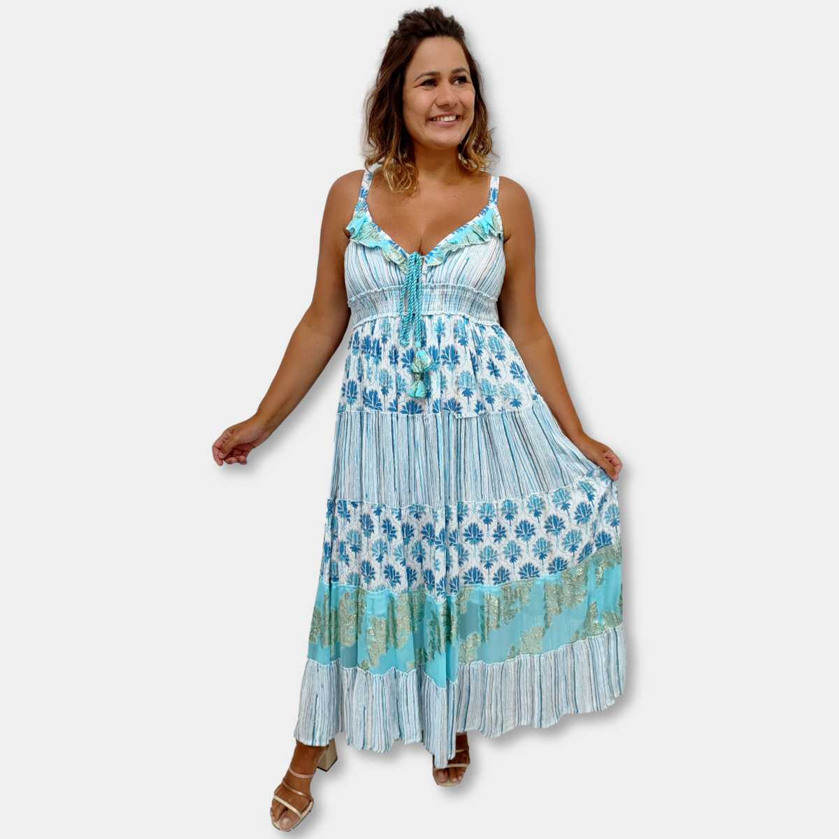 Vestido Longo Indiano Alça Crepe Estampado Boho Plus Size Sarat