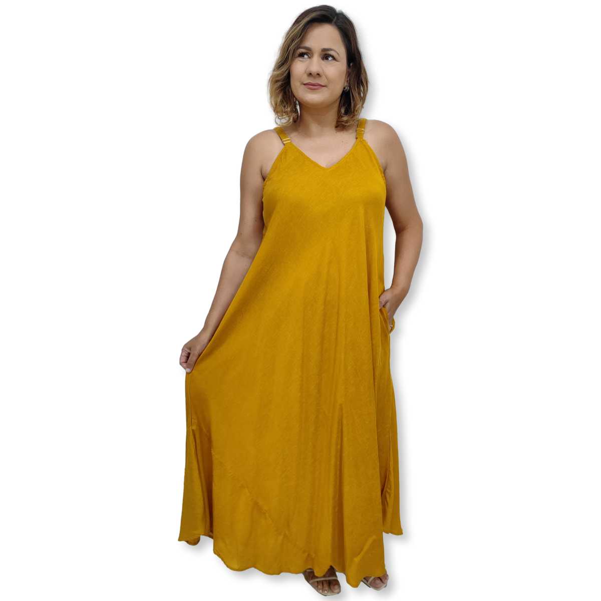 Vestido Indiano Alça Trapézio Longo Liso Viscolinho Sarat Moda