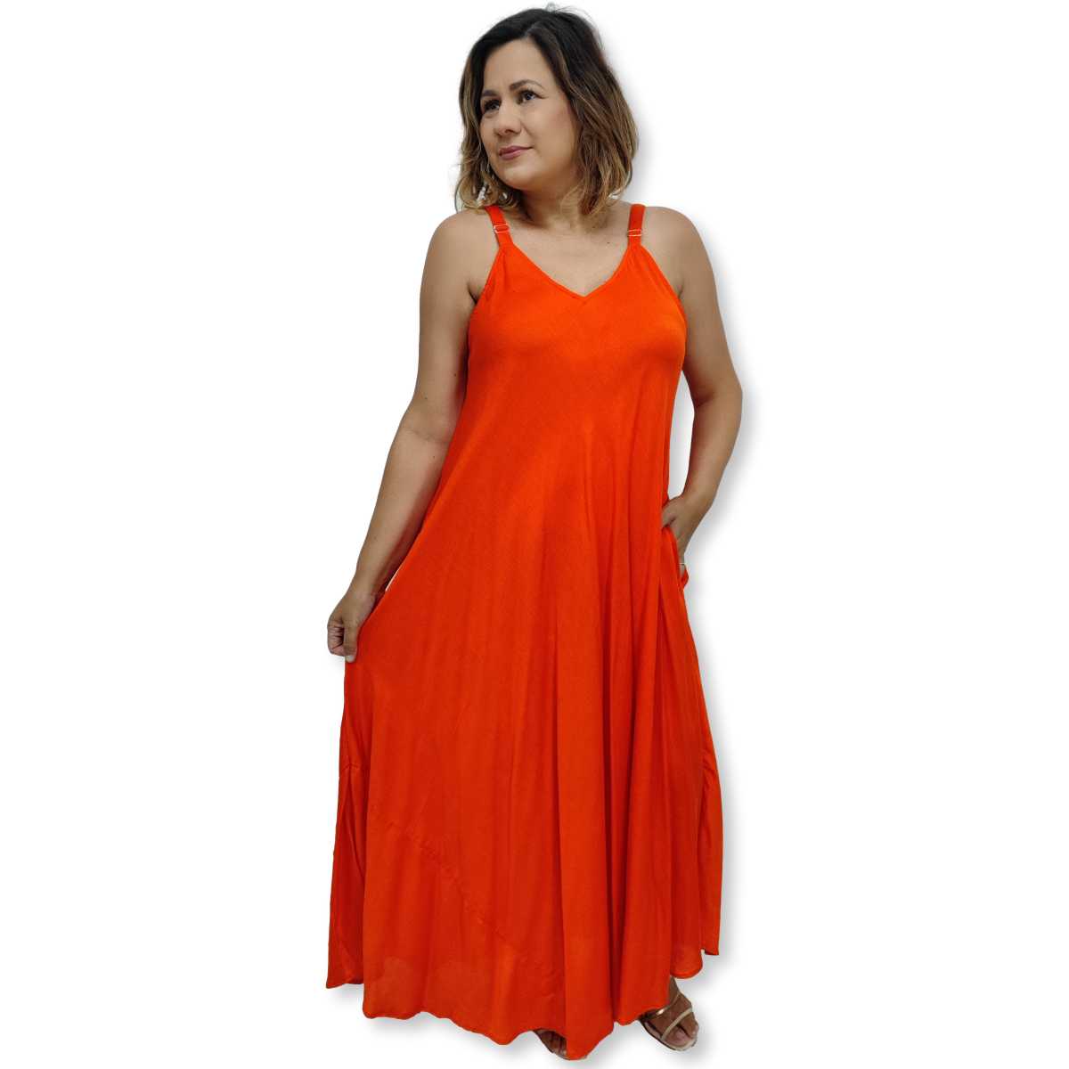Vestido Indiano Alça Trapézio Longo Liso Viscolinho Sarat Moda