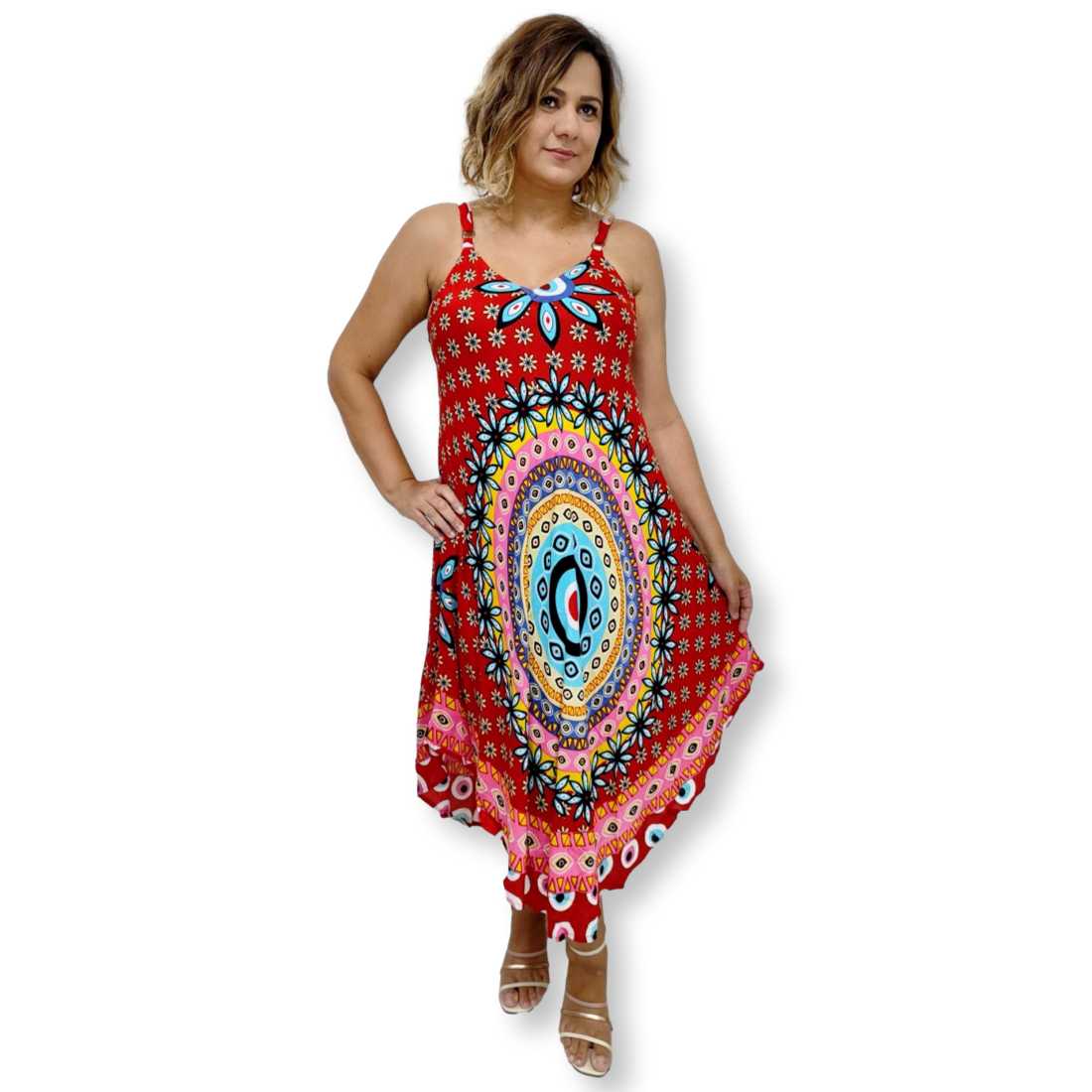 Vestido Indiano Trapézio Alça Estampa Manda Flores Plus Size