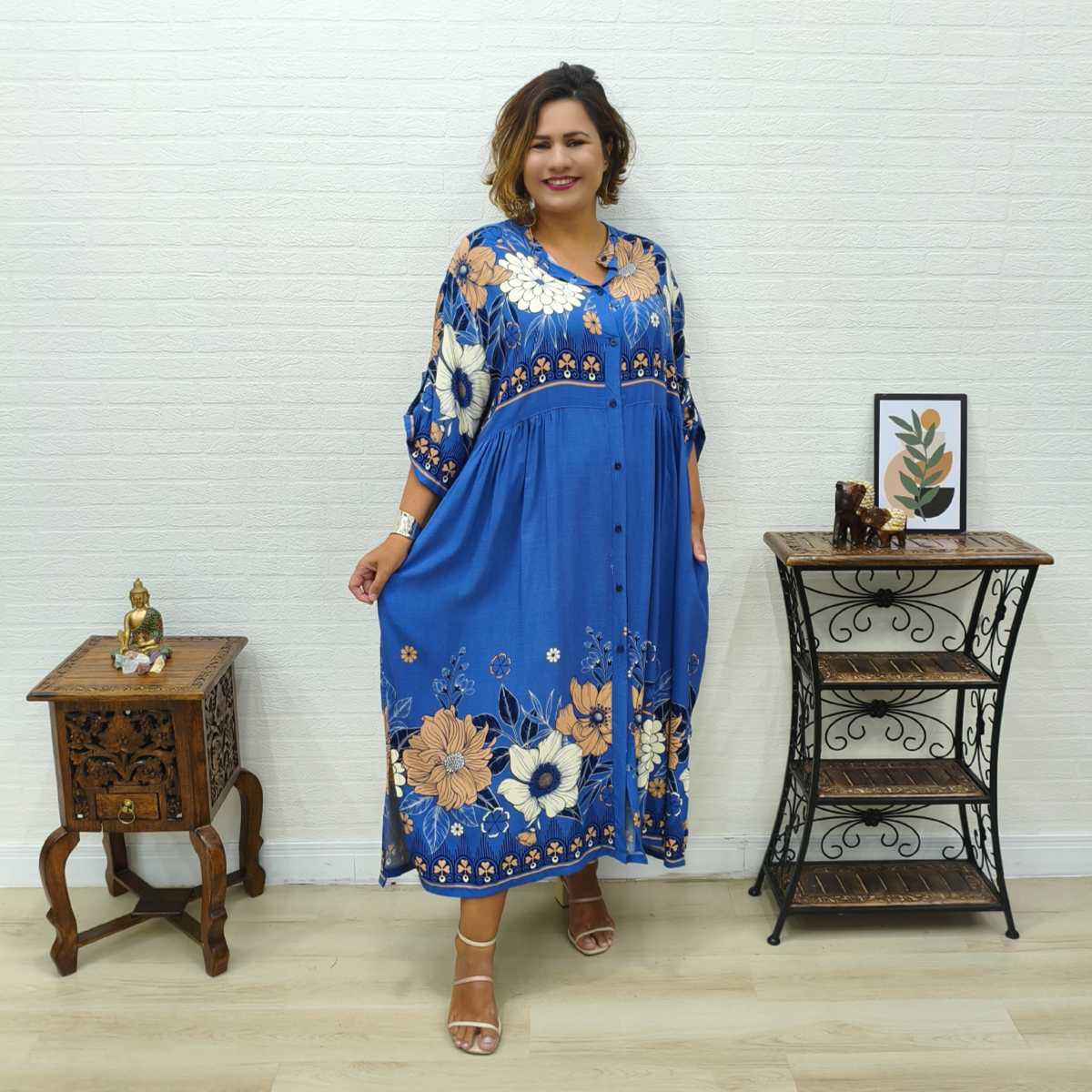 Vestido Chemise Viscolinho Manga Curta Estampado Plus Size