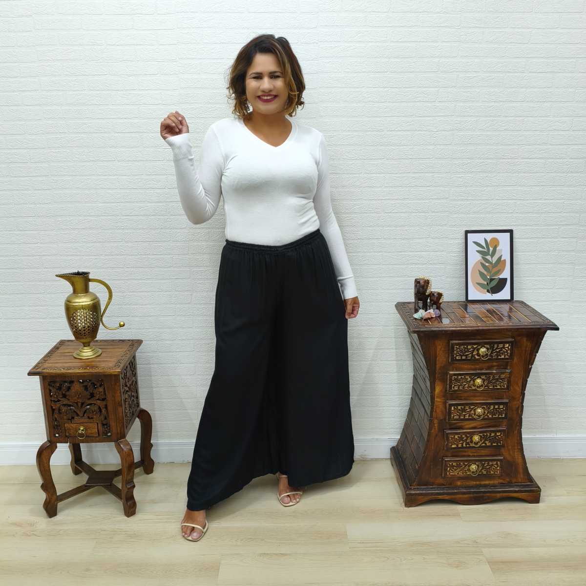 Calça Indiana Pantalona Com Elástico Lisa 4052