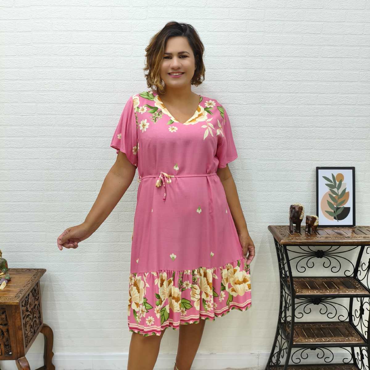 Vestido Curto Manga Curta Viscolinho Estampado com Amarração