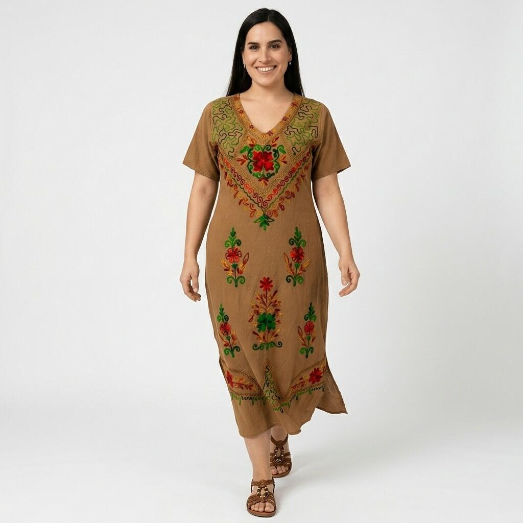 Vestido Indiano Longo Manga Curta Liso bordado Colorido 1100