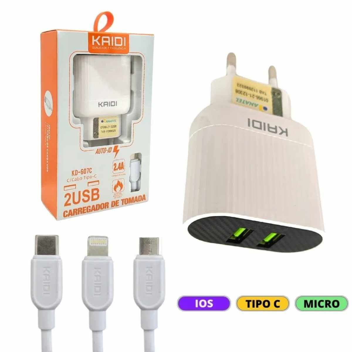 Kit Carregador de Parede Kaidi USB + Cabo - a partir de R$16,14
