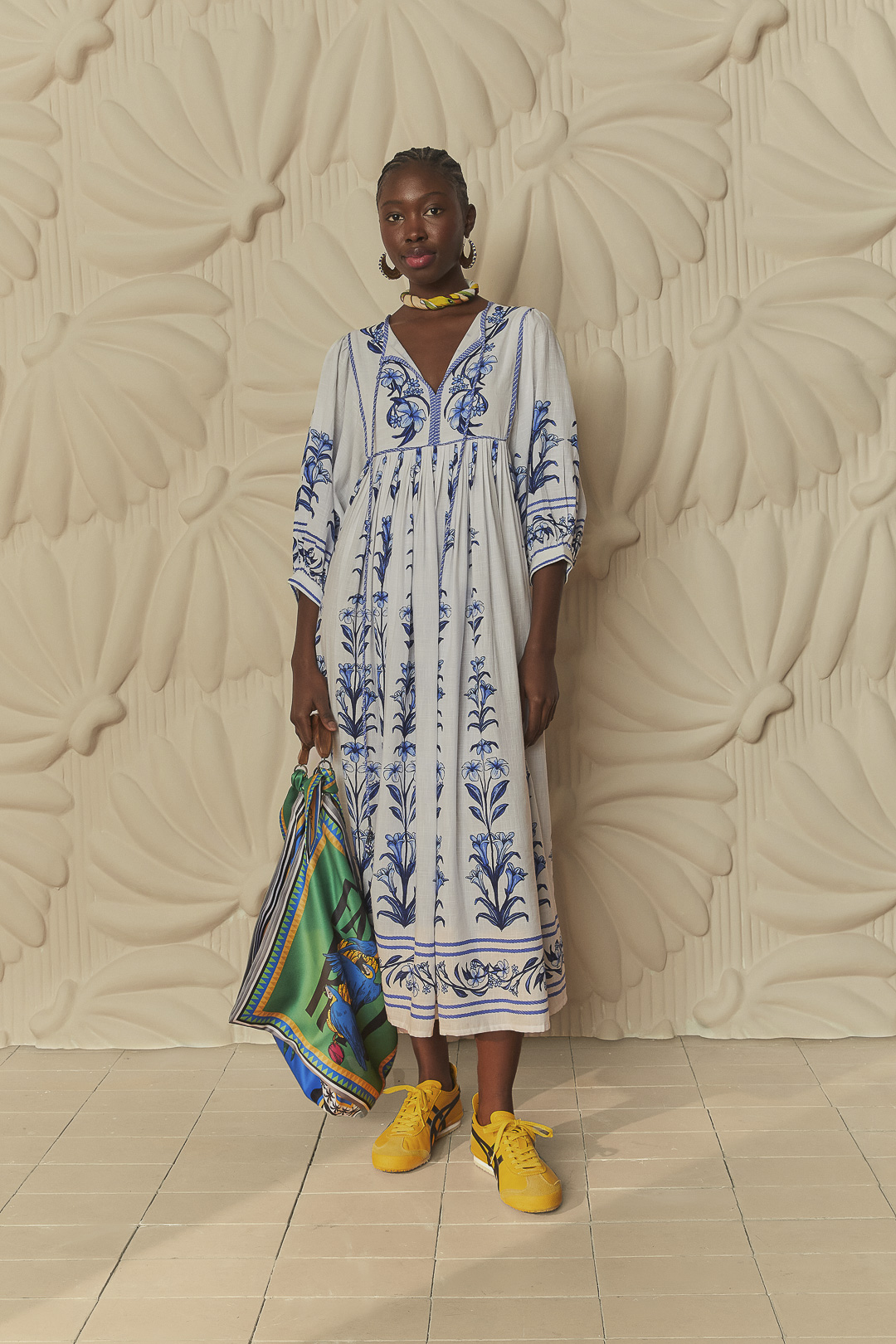 Floral Vestido Farm Manga Longa Patch Vestido De Renda Farm