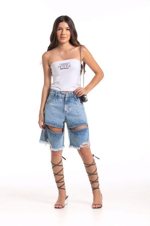 Short Jeans Alongado Gmy com Abertura nas Coxas e Desfiados R$219,99