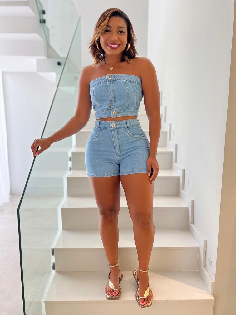 Conjunto Jeans Feminino Short E Blusa Conjunto Jeans Feminino