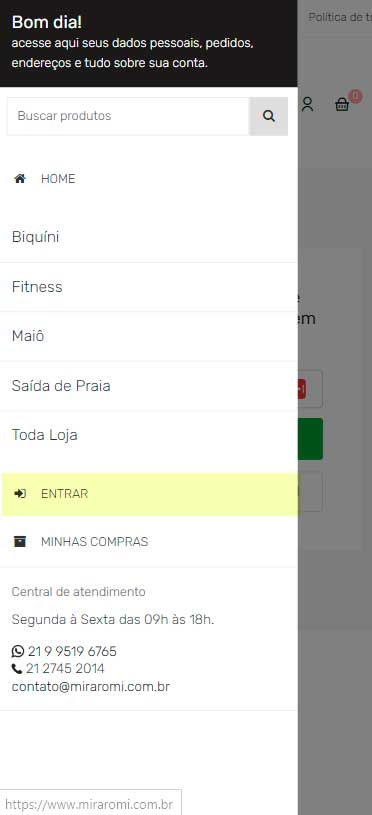menu do site miraromi está marcado a opção de entrar