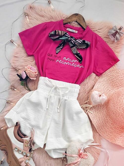 T-shirt Blusa Feminina de Luxo Bordada Gravatinha Pink - a partir de R$85,40