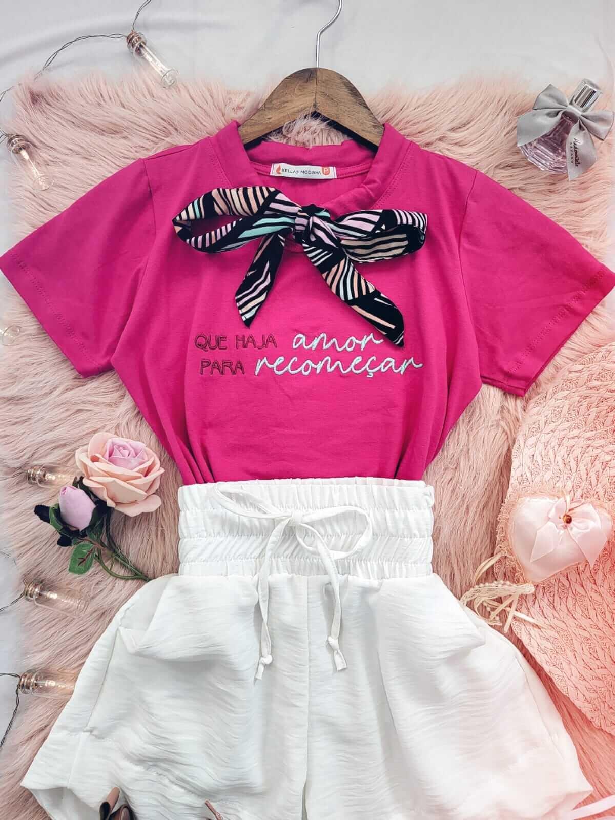 T-shirt Blusa Feminina de Luxo Bordada Gravatinha Pink - a partir