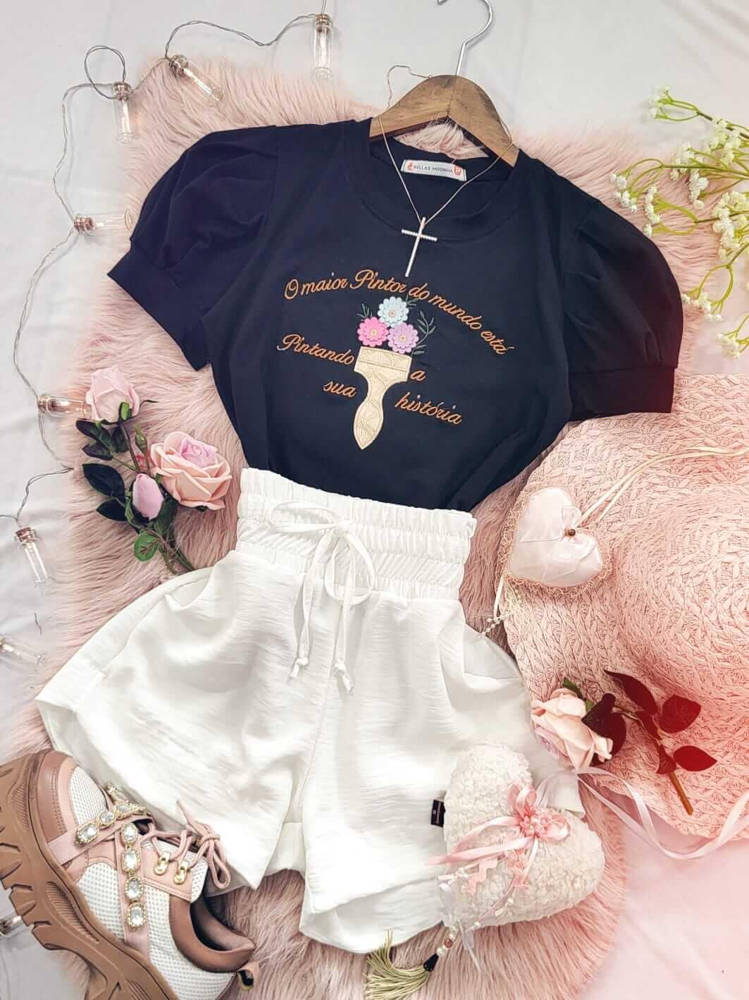 T-shirt Blusa Feminina de Luxo Bordada Manga Princesa O Maior