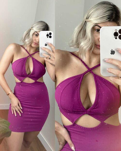 Vestido Curto Canelado Decote Fúcsia