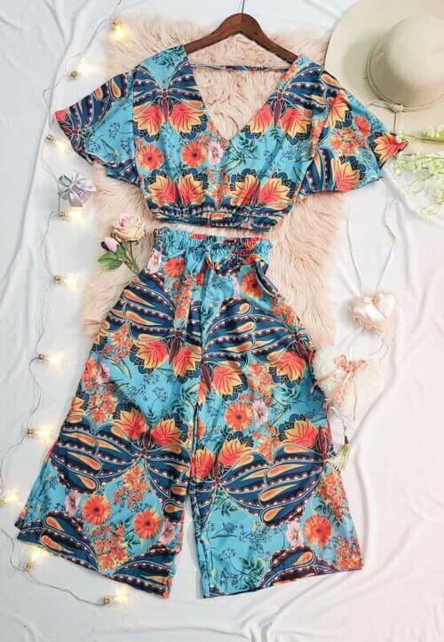 Conjunto Cropped e Pantacur Estampado Azul