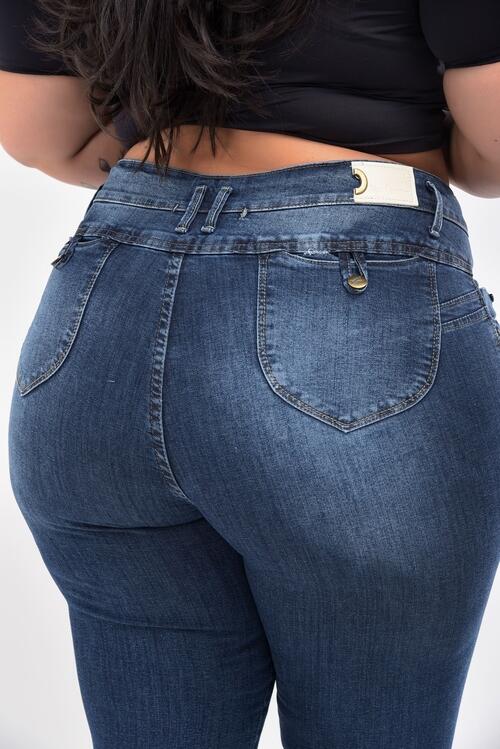 Cala Feminina Jeans Skinny Plus Size Cintura Mdia com Cs Duplo