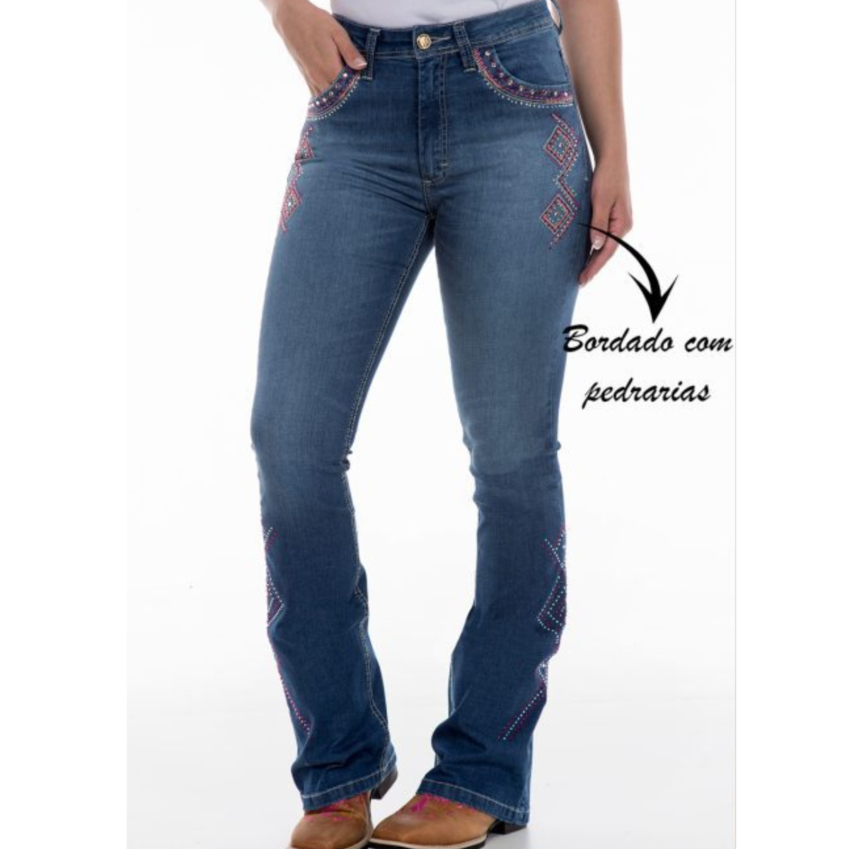 Calça Jeans Feminina Ox Horns Bordado e Brilho Jeans médio 48