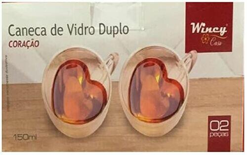 Jogo 2 Canecas Xícara de Vidro Duplo Coração - Wincy