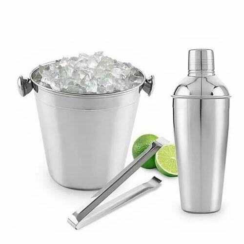 Kit Bar 3 Peças Em Inox Coqueteleira 500ml Pegador e Balde