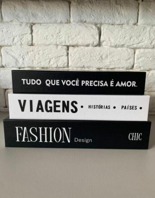 Kit 3 Caixas Livros Fake Falso Fashion Branco/preto