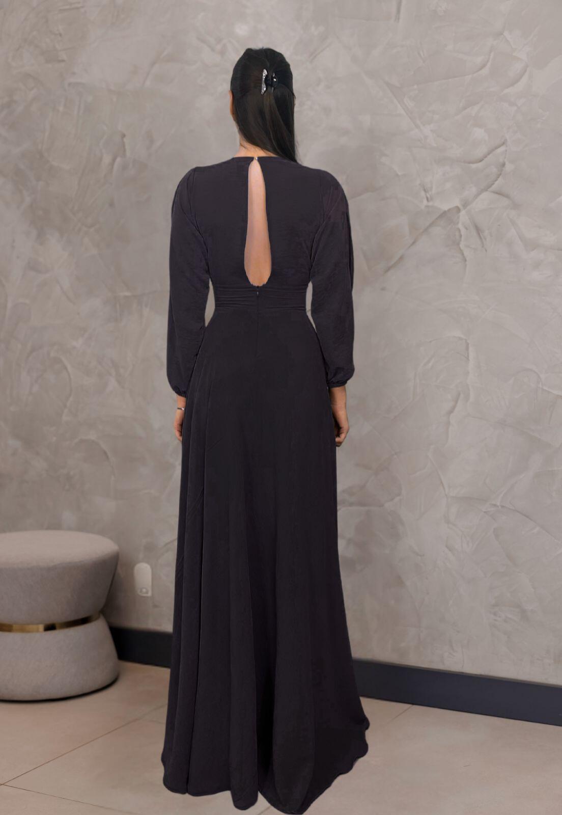 Vestido Longo Manga Longa Aberta Preto Jade NM Nana Marie - a