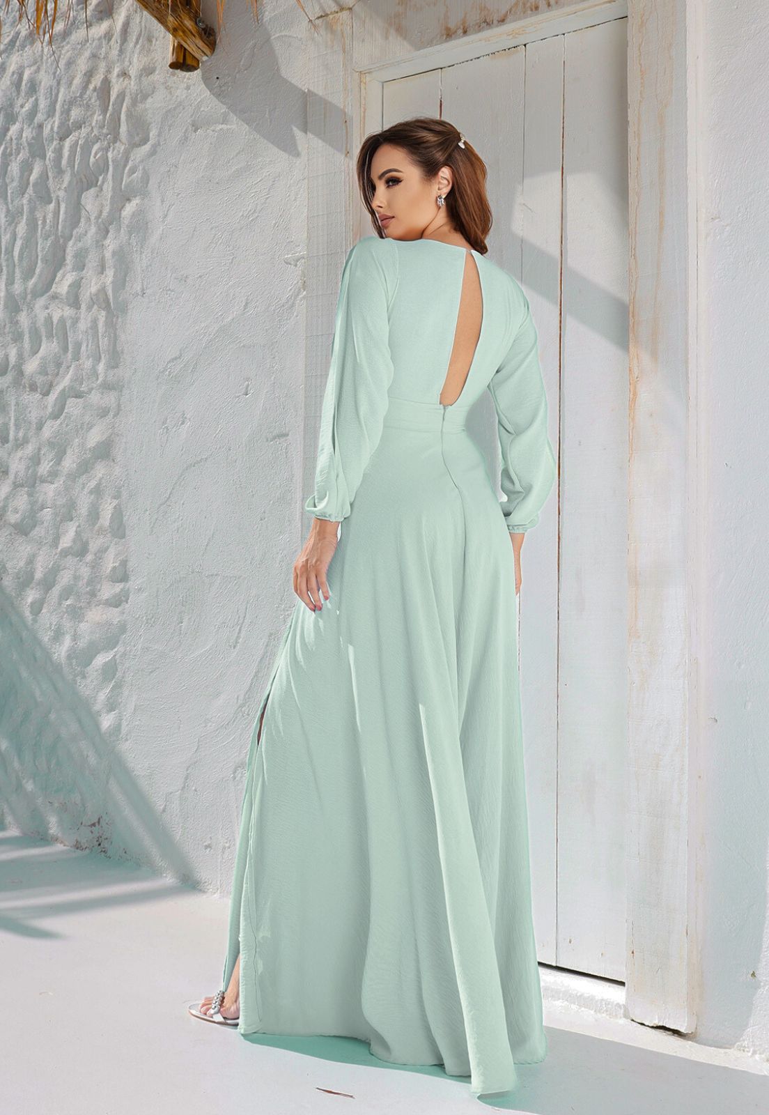 Vestido Longo Manga Longa Verde Menta Jade P