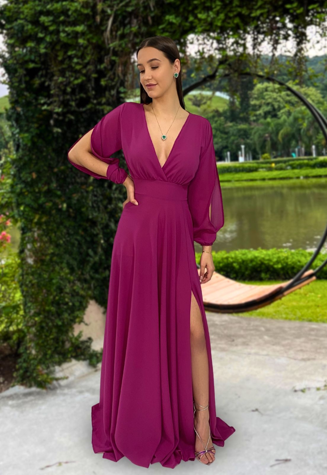 Vestido Longo Manga Longa Fúcsia Jade NM Nana Marie a partir de