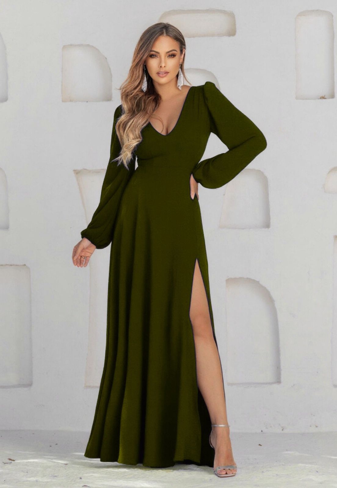 Verde Oliva Vestido Fluido Manga Longa Vestido De Festa Longo Em